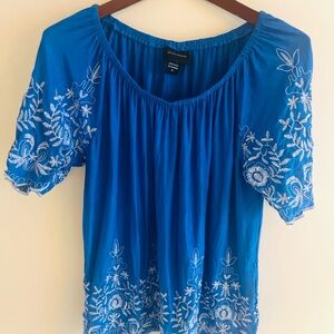Liv Los Angeles Blue White Embroidered Peasant Cottage Core Shirt Blouse1X